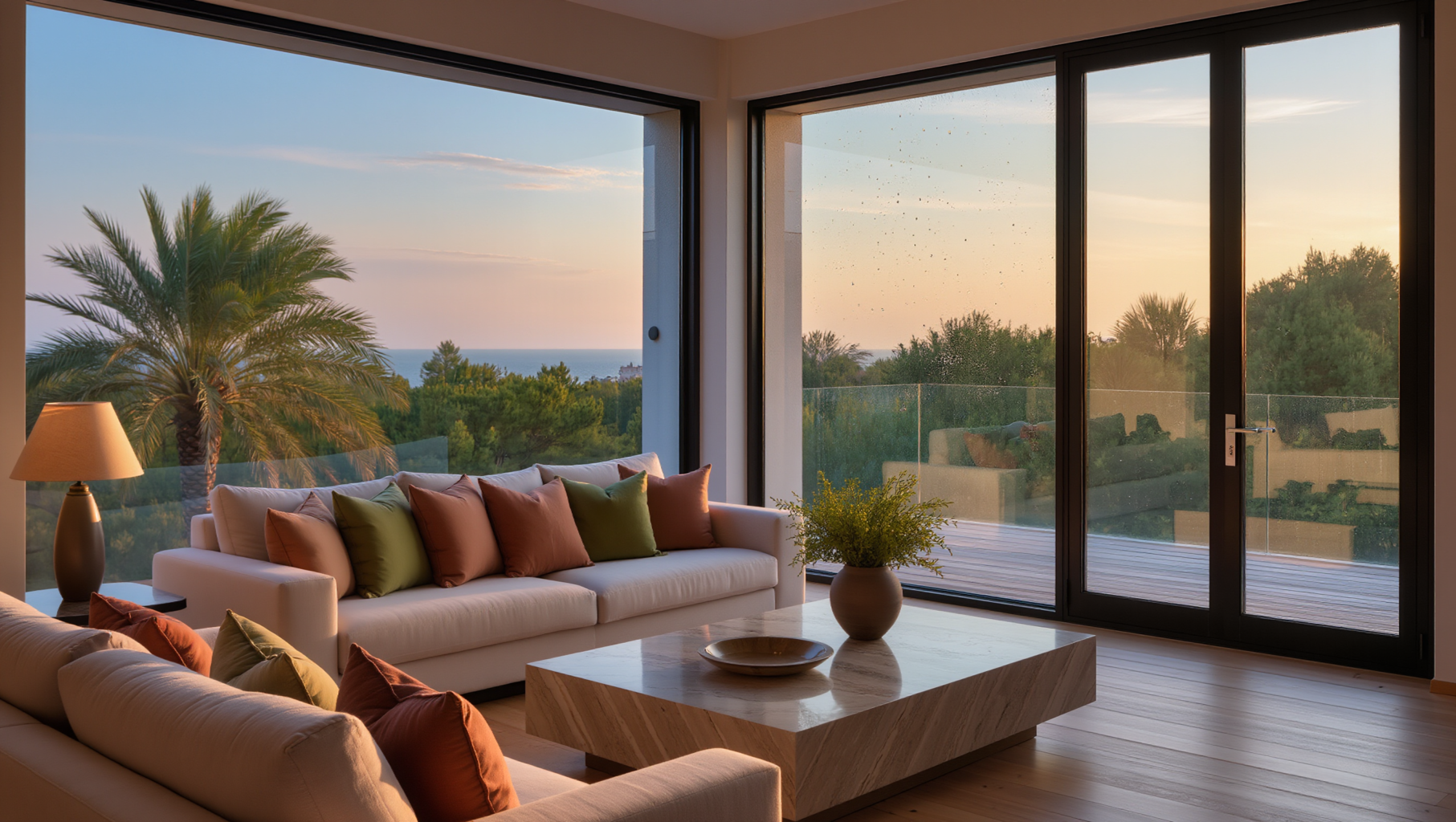 Luxury modern living room with floor-to-ceiling glass windows and ocean view