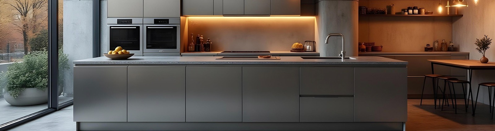 Modern stainless steel kitchen with island counter, built-in appliances, and warm ambient lighting