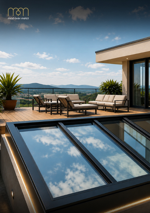 A skylight that opens to the sky. A bay that curves with the room.